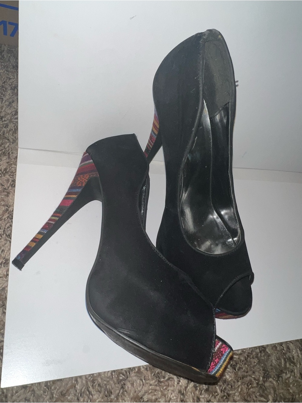 Black Suede Peep-Toe Stiletto Heels with Multicolor Accent